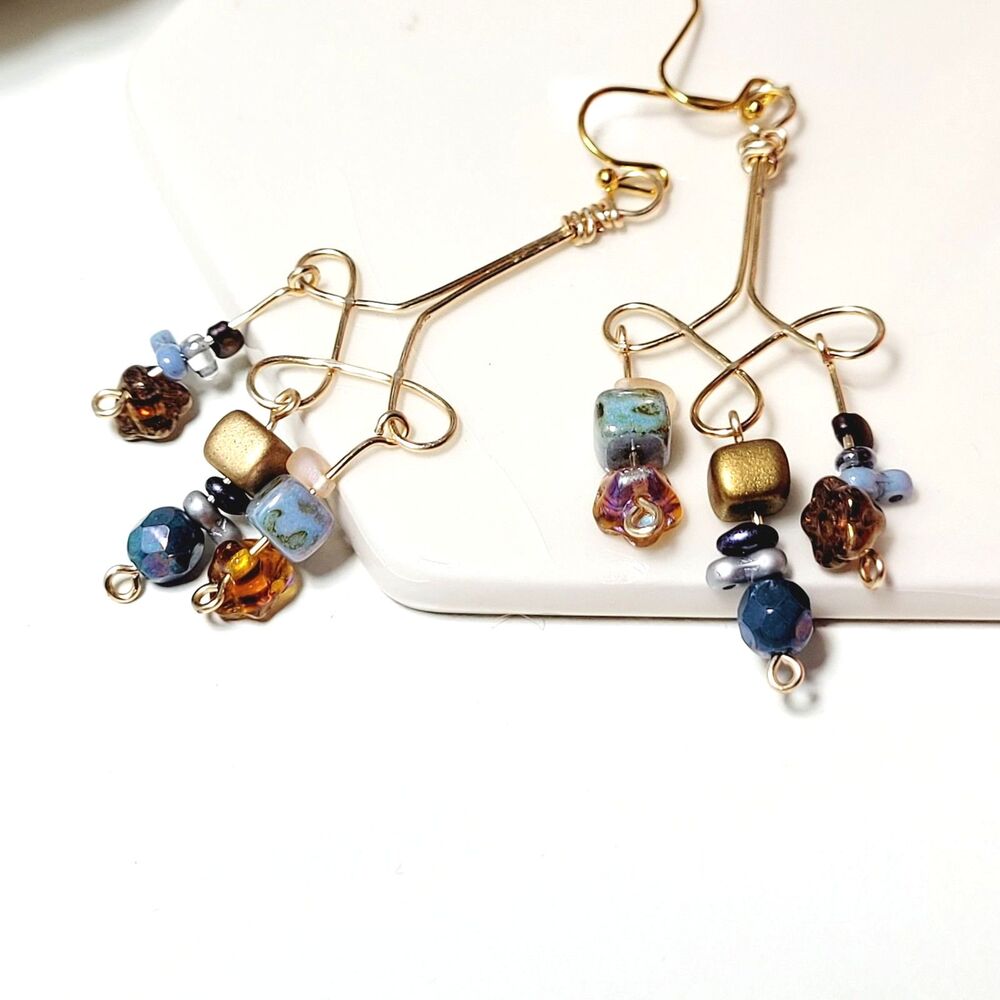 Blue Glass Gold plated Hooks Hidden Meaning earrings Pop of Color Glam 667■